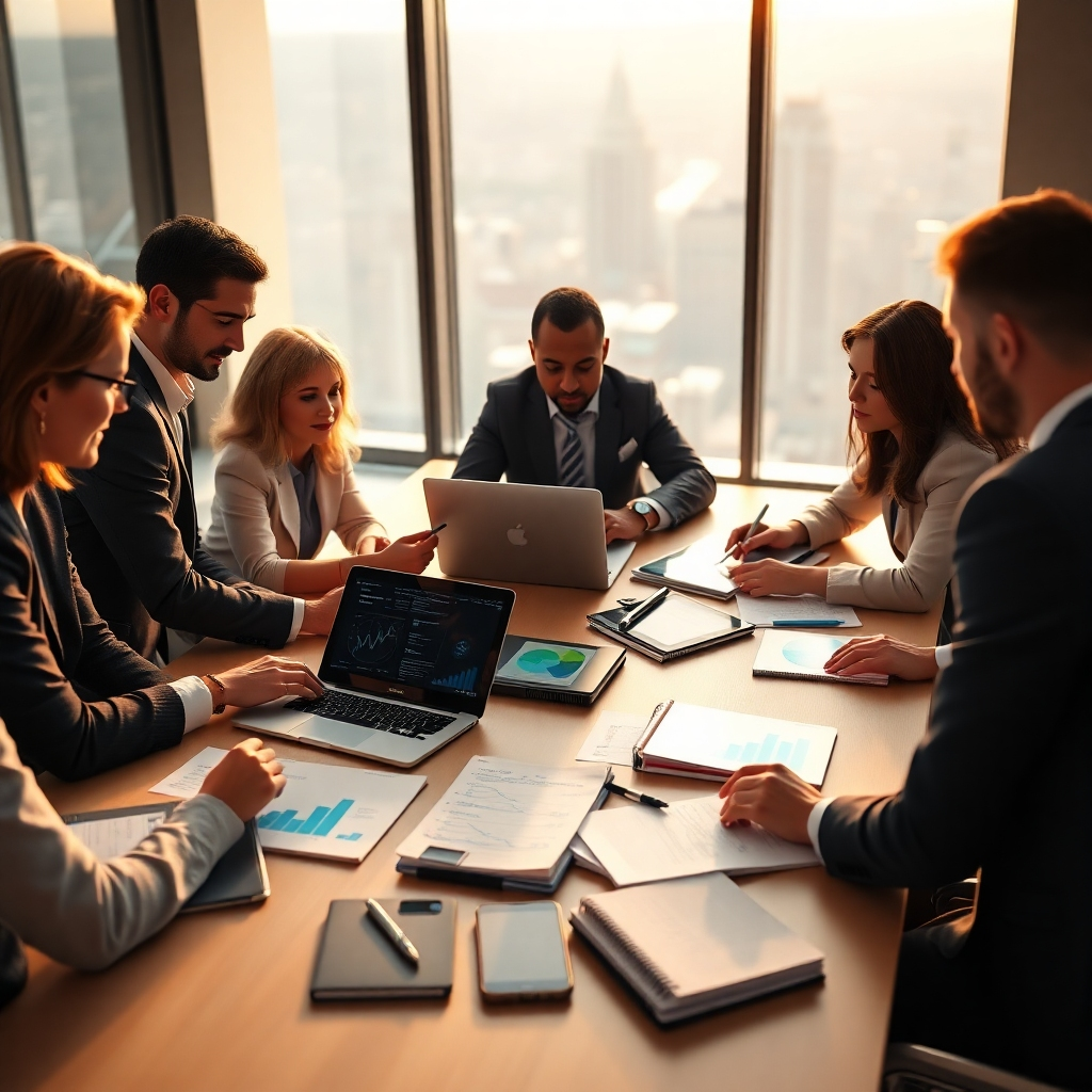 A photorealistic image, 8K resolution, hyperrealistic detail, soft diffused lighting, showcasing a diverse team of business consultants collaborating around a large table in a modern, minimalist office.  The table is littered with laptops, tablets displaying graphs and charts, and physical notebooks with handwritten notes.  The color palette is a mix of warm neutrals, with pops of blue and green from the technology.  The scene is captured from a slightly elevated angle, showcasing the team's focused engagement.  The overall mood is one of collaborative innovation and strategic thinking.  Textures should include the smooth surfaces of the technology, the matte finish of the table, and the slightly rough texture of the notebooks.  Environmental elements include a large window with a cityscape view visible, suggesting a bustling business environment.  Style reference: Annie Leibovitz. The image should emphasize teamwork and problem-solving, suggesting a feeling of confidence and future success. The background should be slightly blurred, emphasizing the team in the foreground.  The image should be meticulously detailed to capture the subtle nuances of the business setting and the team's expressions, conveying a sense of serious and productive work.