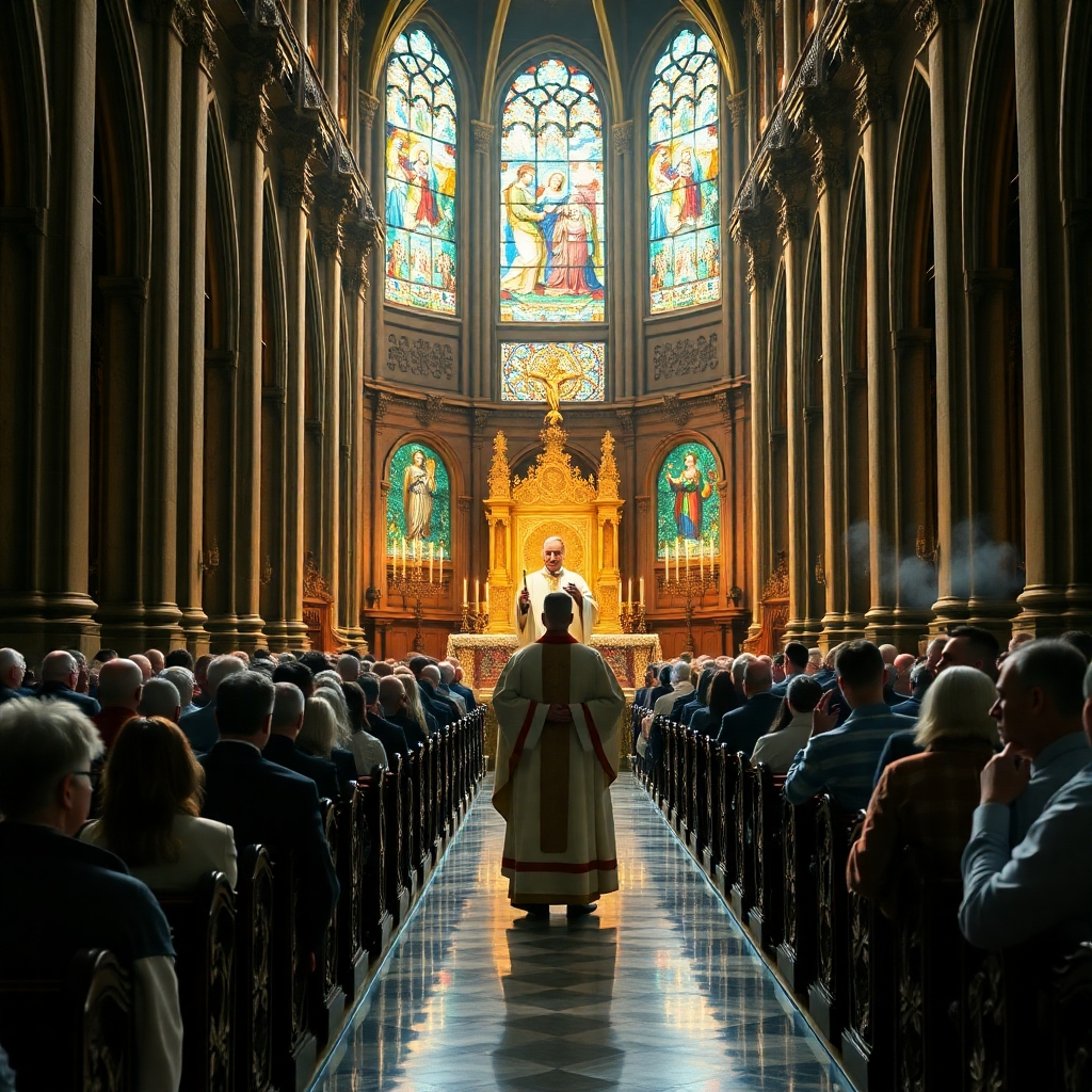 A photorealistic image, 8K resolution, hyperrealistic, ultra-detailed, depicting a traditional Catholic mass.  The scene is a grand cathedral bathed in soft, diffused light streaming through stained-glass windows, casting vibrant hues across the assembled congregation. The main focus is on the altar, where a priest stands in vestments, celebrating the Eucharist. The congregation fills the pews, their faces partially visible, showing a diverse range of ages and expressions of reverence.  The color palette is warm and rich, with gold accents on the altar and the stained glass. The camera angle is from the back of the church, slightly elevated, providing a view of the entire scene.  Textures are meticulously detailed, including the intricate carvings on the pews and altar, the soft fabrics of the vestments, and the smooth surface of the polished marble floor. The environment includes ornate architectural details typical of a Gothic cathedral, with tall arches, vaulted ceilings, and intricate stonework. The style is reminiscent of the works of Caravaggio, emphasizing dramatic chiaroscuro lighting.  Include elements such as incense smoke subtly rising from a thurible and a choir subtly visible in the background. The overall mood is one of serenity, peace and spiritual upliftment.