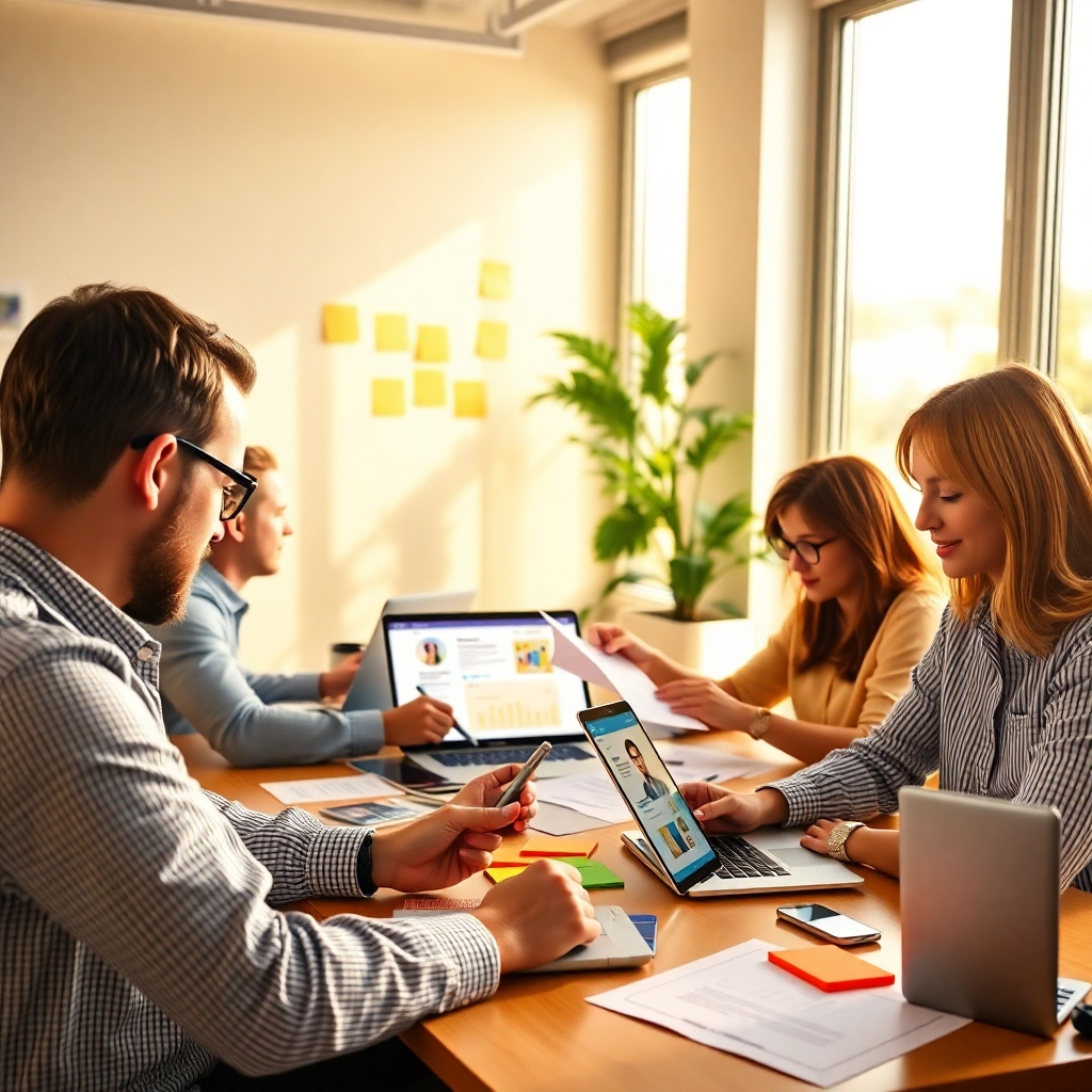 A photorealistic image, 8K resolution, in the style of a high-end magazine advertisement.  The scene depicts a bright, modern office with several individuals collaboratively working on laptops and tablets, creating engaging content, specifically focused on affiliate marketing strategies.  The color palette is warm and inviting, with soft yellows, oranges, and whites dominating.  Lighting is natural and bright, with large windows letting in soft, diffused sunlight.  The image should convey a sense of teamwork, innovation, and creative collaboration.  The focus should be on the people and their interaction, demonstrating a dynamic and productive work environment.  Textures should be highly realistic; smooth screens, crisp paper, and soft fabrics of the clothing.  The composition emphasizes the collaborative nature of the work, showing people brainstorming, writing, and working together using different devices.  The background includes relevant props such as laptops, tablets, smartphones, colorful sticky notes, and design software interfaces.  The camera angle is slightly elevated and angled to capture the energy of the workspace.  The image conveys a feeling of success and modern professionalism.