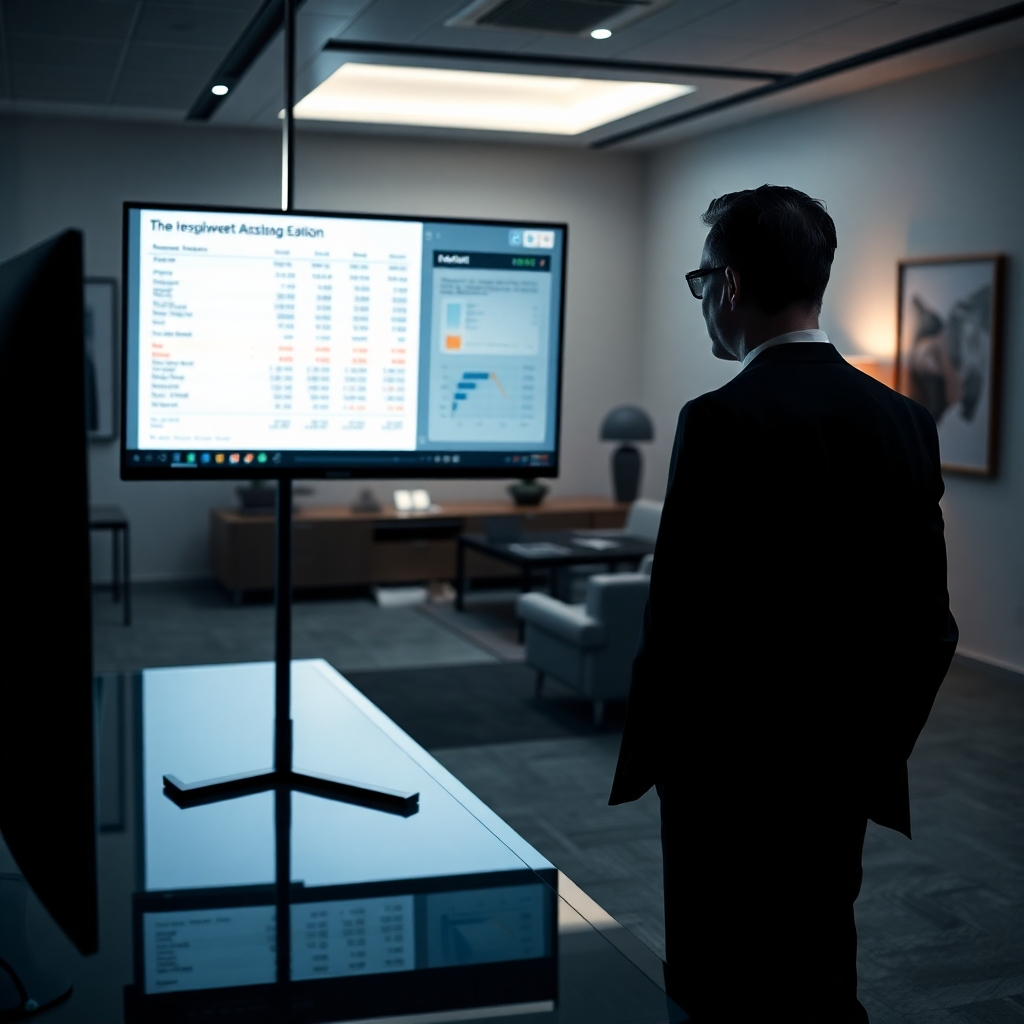 A photorealistic image, 8K resolution, depicts a private investigator in a modern, minimalist office reviewing evidence on a large monitor.  The lighting is dramatic side lighting, casting a chiaroscuro effect that enhances the mood and highlights important details. The color palette is cool and sophisticated, primarily consisting of greys, blues, and blacks. The camera angle is a medium shot, focusing on the investigator and the monitor, while the rest of the office is visible but blurred in the background. The investigator is dressed in a sharp, dark suit, reflecting professionalism and competence. The monitor displays a detailed financial report with highlighted discrepancies, symbolizing the core of the investigation.  Textures of glass, metal, and fabric are highly detailed. The background includes subtle corporate elements, including modern artwork and sleek furniture. The style is influenced by contemporary corporate photography and the gritty realism of film noir. The overall mood is serious, intense, and professional, reflecting the sensitive nature of corporate investigations.  The scene is hyperrealistic, ultra-detailed, and emphasizes textures and material properties.