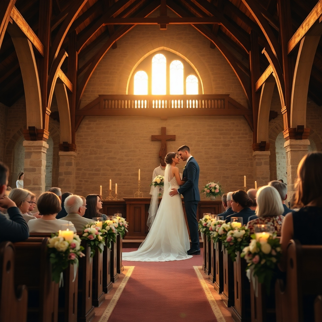 A photorealistic image, 8K resolution, hyperrealistic, and ultra-detailed, of a wedding ceremony taking place in a rustic-chic church. The church is characterized by exposed wooden beams, stone walls, and large arched windows.  Soft, warm lighting, reminiscent of the Golden Hour, streams through the windows, creating a romantic ambience. The color palette is warm and inviting, including muted tones of beige, cream, and terracotta. The focus is on the bride and groom exchanging vows at the altar, surrounded by close family and friends. The camera angle is positioned slightly below the altar, offering a dynamic perspective that captures the intimacy of the moment. Textures are meticulously detailed, including the rough texture of the stone walls, the smooth surface of the wooden altar, and the delicate lace of the bride’s dress.  The style emulates that of fine art wedding photography, emphasizing emotion and storytelling.  The bride's dress and the wedding bouquet should be richly detailed. The overall mood is one of joy, love, and celebration. Include elements such as candles, fresh flowers, and a charming rustic setting.  Environmental details should include wooden pews and a subtly visible choir loft.