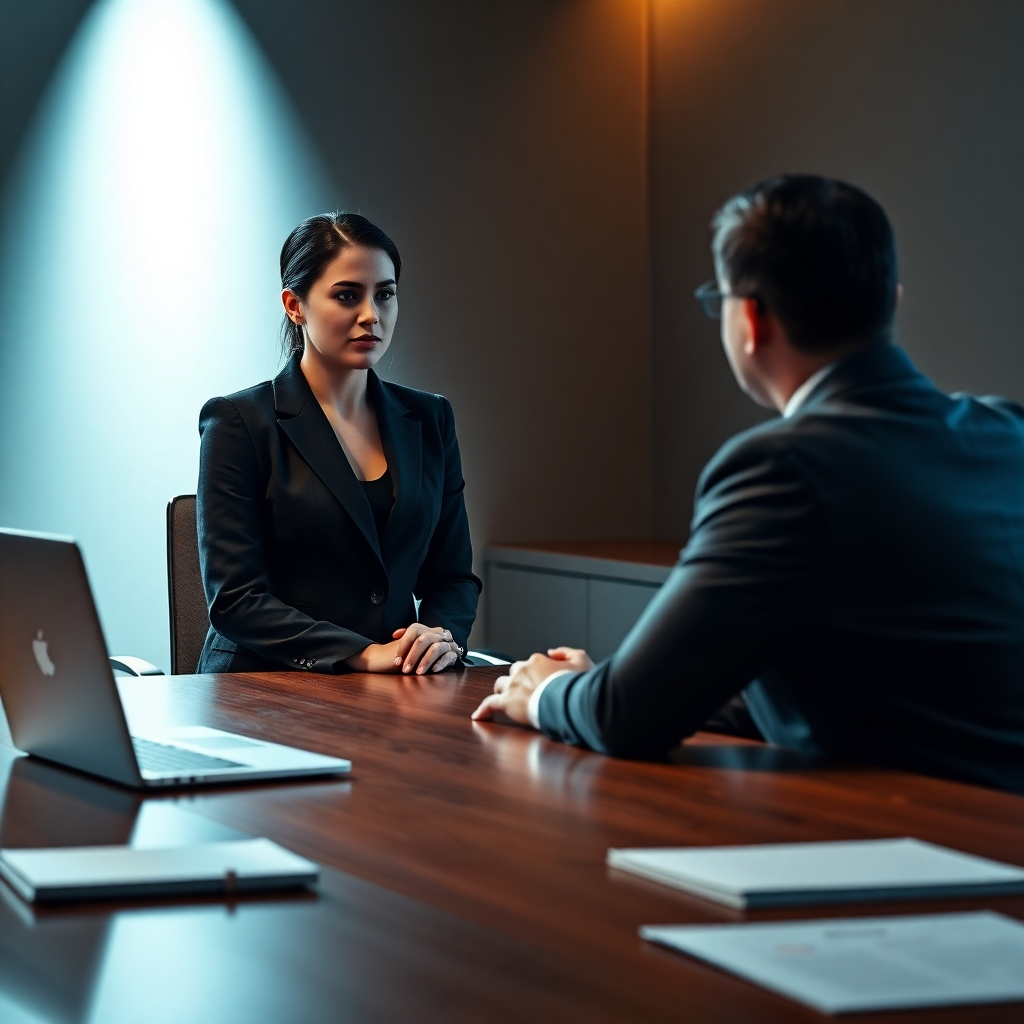 A photorealistic image, 8K resolution, hyperrealistic, in the style of Platon.  Show a professional woman in a sharp business suit, sitting across a sleek, modern desk from a client.  The lighting should be dramatic, with a focused spotlight on the two individuals, implying a serious and important conversation.  A cool color palette with accents of warm color to contrast the seriousness of the discussion. The camera angle is slightly below eye level, conveying authority and professionalism.  The focus should be on the faces, emphasizing expressions of serious discussion and collaboration.  Textures should be highly detailed, from the subtle weave of the business suit to the fine grain of the wooden desk.  Props: a laptop, some papers, and a well-organized desk. The environment is a well-appointed office, suggesting success and refinement.  The mood is serious, professional, and focused on collaboration. Background should be muted and not distracting.