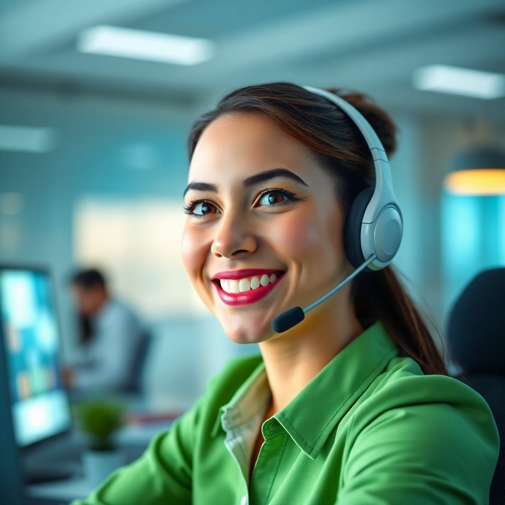 A photorealistic image, 8k resolution, depicting a friendly, helpful customer support representative answering questions via online chat. The scene is set in a modern, brightly lit office, with soft, diffused lighting that prevents harsh shadows. The color palette is calming and professional, with light blues and greens. The customer support representative is shown smiling, and the background has soft-focus visuals of a technological workspace. The chat window showcases a friendly and helpful conversation. The perspective is a close-up shot, focusing on the representative's expression and the chat window. The image style emulates professional and trustworthy brands, conveying empathy and reliability. Emphasize the representative's friendly demeanor and a sense of calmness and efficiency. Focus on showcasing the easy-to-use interface of the chat service. Include subtle details like a company logo in the background or on their screen, and showcase clear, easily readable text in the chat window. The overall mood is one of reassurance and accessibility.