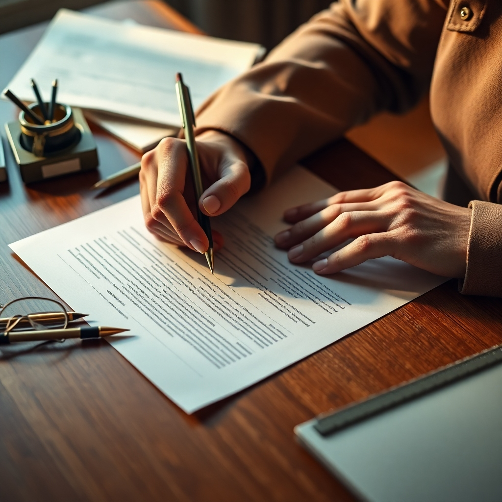 A photorealistic image, 8K resolution, ultra-detailed, in the style of Annie Leibovitz.  Show a close-up shot of a pair of hands carefully reviewing a grant application on a desk, illuminated by soft, warm light.  The color palette should be calming and professional, with earth tones. The focus is on the precise detail of the document and the intensity of concentration. Camera angle is directly above, emphasizing the meticulous nature of the work.  The image should capture the texture of the paper, the gleam of glasses reflecting the light, and the subtle details of the hands. The environment is a quiet, well-organized workspace, with a hint of a sophisticated home office. The mood is calm and composed, reflecting thoughtful precision. Relevant props: a well-organized desk, writing utensils, and glasses. Materials include smooth, high-quality paper, polished wood desk, and metallic glasses frames.
