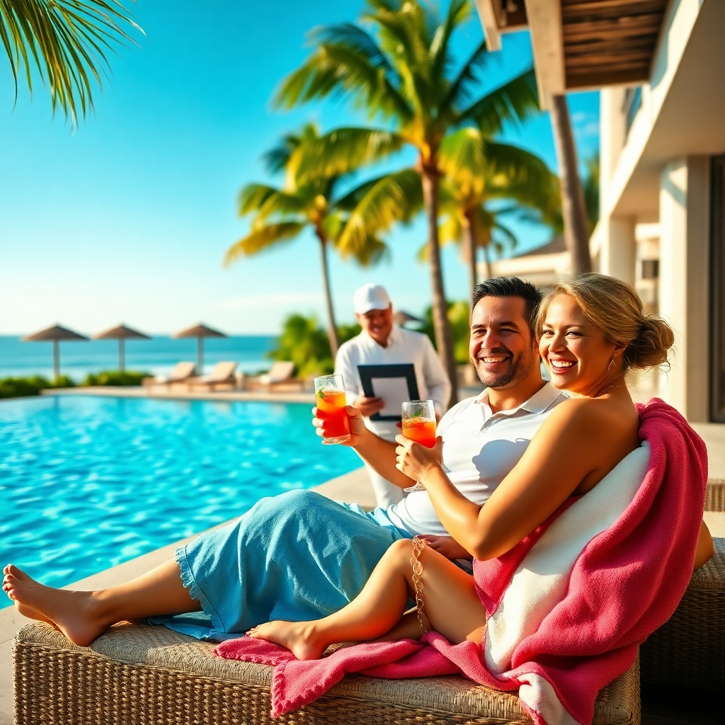A photorealistic image, 8K resolution, depicting a happy couple enjoying exclusive amenities at a luxury resort.  The scene should be vibrant, with a rich color palette featuring lush greens, bright blues of a sparkling pool, and warm, sunny yellows. The lighting is natural and bright, emphasizing the carefree mood. The composition shows the couple relaxing by the pool, with a waiter offering them drinks. The background includes luxurious resort features, such as palm trees, beach chairs, and a beautiful, clear pool.  The texture of the scene includes the smooth, cool surface of the pool water, the soft, luxurious towels, and the rough, natural texture of the surrounding vegetation.  The camera angle is slightly elevated, providing a comfortable perspective. The mood is relaxing and joyful, conveying the feeling of luxury and reward. The style should evoke a high-end travel brochure, with a focus on vibrant colors and a sense of aspirational luxury.  Focus on detail: the rippling water, the fine details of the resort furniture, and the happy expressions on the couple's faces. The image must feel luxurious, exclusive, and rewarding, showcasing the benefits of earning reward points.