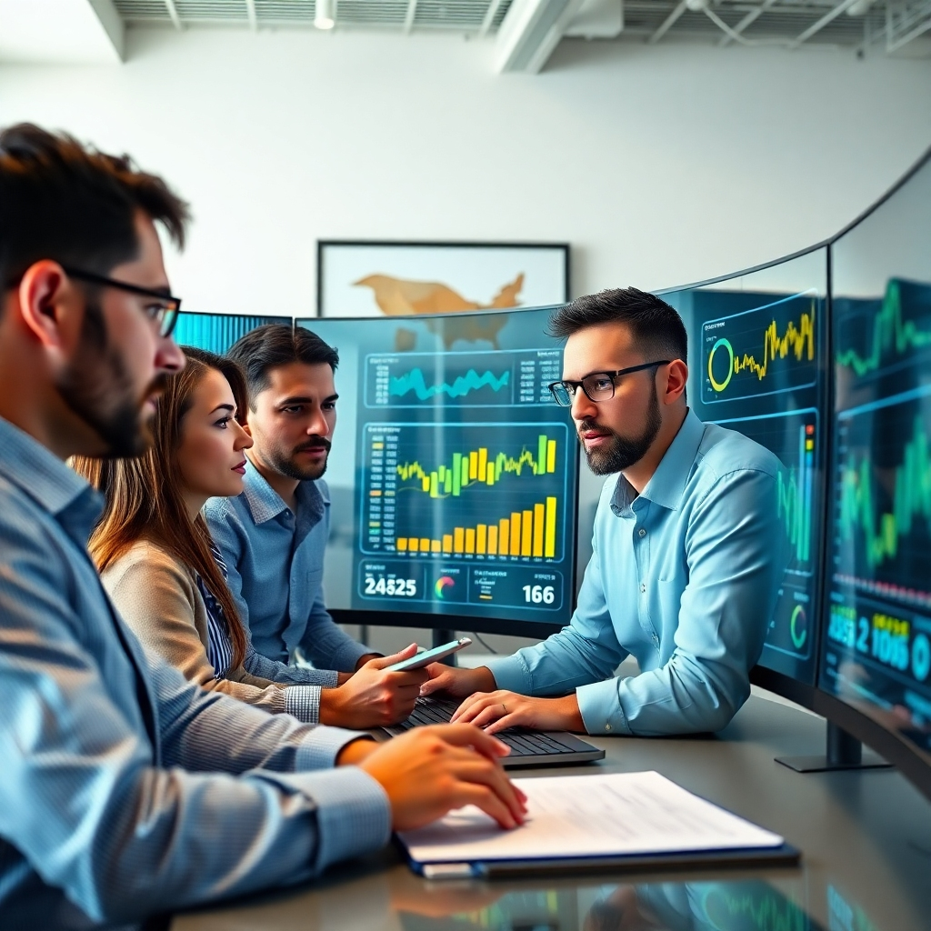 A photorealistic image, 8K resolution and ultra-detailed, shot in a well-lit modern office setting with soft, natural lighting, depicting a team analyzing data on large curved monitors displaying dynamic charts and graphs.  The color palette should be clean, incorporating soft blues, greens, and bright accents of yellow or orange to represent data points and key performance indicators. The mood should convey a sense of professional competence, careful consideration, and collaborative analysis.  The perspective should be from eye-level, showing the team actively engaged in a discussion about the data. Materials should include the smooth glass surfaces of the monitors, the texture of keyboards and notebooks. The background elements should include modern office elements: abstract art, plants, and minimalistic furniture, reflecting a clean and innovative workspace. The camera angle should focus on the faces of the team as they are intensely focused on the data. Style reference: Platon. Include a sense of concentration and the precision demanded by digital marketing analytics. The focus is on the team's engagement and the complex data they are interpreting, suggesting sophisticated analytics and strategic planning.