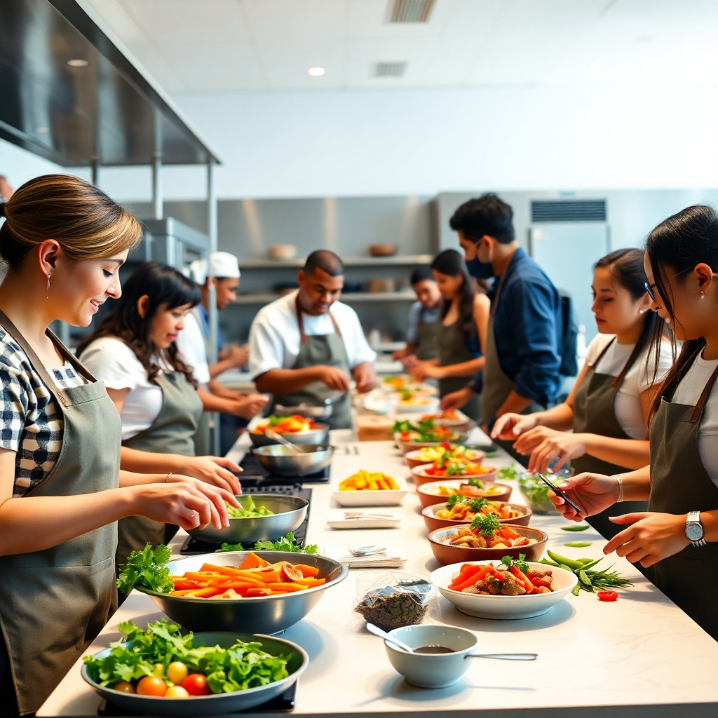 A photorealistic image, 8K resolution, bright and airy lighting, shot from a slightly low angle, capturing a lively cooking class scene. The setting is a spacious, modern kitchen with stainless steel appliances, a large island counter, and a cheerful ambiance.  Students of diverse ages and ethnicities are actively engaged in cooking various dishes.  Focus on the interaction and energy of the class.  Include detailed shots of hands preparing various food items and colorful ingredients like fresh herbs and vibrant vegetables. The color palette is bright and cheerful, with a focus on the natural colors of food. The scene is dynamic and action-packed, with the chef actively demonstrating a technique and interacting with students, in the style of a candid lifestyle photography.  The image should convey a sense of fun, community, and learning. Show various cooking tools and equipment in use, highlighting the practicality and enjoyment of cooking.