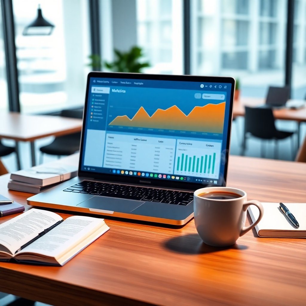 A photorealistic image, 8K resolution, hyperrealistic detail, soft, diffused lighting.  The image depicts a laptop screen displaying a sophisticated analytics dashboard showcasing a dramatic upward trend in affiliate link clicks and conversions.  The color palette is clean and modern, with cool blues and greens dominating the screen, accented by warm oranges representing conversions.  The laptop rests on a sleek, minimalist wooden desk in a modern, bright office environment.  Surrounding the laptop are several strategically placed marketing books, notebooks with hand-written notes, and a steaming cup of coffee.  The camera angle is slightly elevated, looking down onto the laptop from a 30-degree angle, in the style of Annie Leibovitz.  Textures should be highly detailed and realistic: smooth glass of the laptop screen, rough texture of the wooden desk, soft fabric of the coffee cup.  The overall mood is one of success and productivity, conveying professionalism and attention to detail.  The background is a blurred but visible modern office, implying a busy but organized work environment.  Focus should be extremely sharp on the laptop screen.