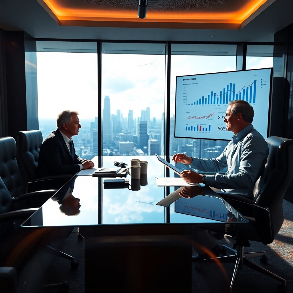 A photorealistic image, 8K resolution, hyperrealistic, ultra-detailed, showcasing a financial advisor presenting financial data to a client in a luxurious, yet professional office. Dramatic side lighting casts a subtle shadow, highlighting the seriousness of the discussion. The color palette is sophisticated and calming, using deep blues, warm greys, and rich browns. The camera angle is an eye-level medium shot, focusing on the advisor and the client's engaged postures. The textures and materials are highly detailed: smooth leather chairs, the sheen of a polished conference table, the crispness of financial reports. The background includes a cityscape view through expansive windows. Relevant props include sophisticated graphs and charts displayed on a large screen, visually representing financial success. The overall mood is professional yet optimistic. Stylistically, emulate the precision and clarity of corporate photography, similar to the work of fashion photographer Peter Lindbergh, with a focus on sharp lines and details that add to the image's sense of prestige and trust.  The image should communicate efficiency, transparency, and growth.
