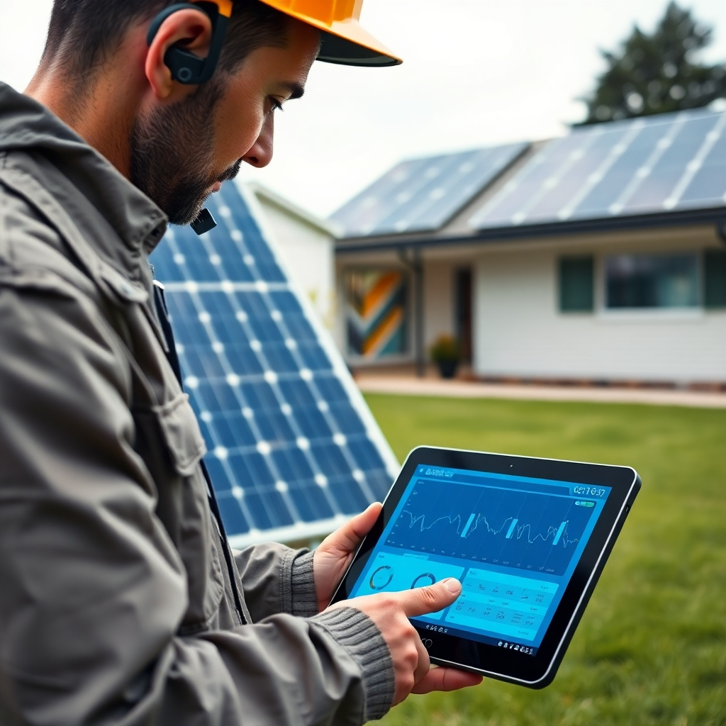 A photorealistic image, 8K resolution, showing a technician using a high-tech tablet to monitor a solar panel system's performance data. The technician is standing on the ground, looking at the tablet which is displaying graphs, and other solar panel data. The lighting is bright and even, slightly overcast to reduce harsh shadows and better illuminate the tablet's screen. The color palette is cool and professional, with blues and greens dominating the background and clear, sharp colors on the tablet's screen. The camera angle is a medium shot, focusing both on the technician and the tablet's screen. The texture of the solar panels in the background should be clearly visible, along with the wires and components.  The background is a clean, modern home with a neatly kept lawn, emphasizing a sense of calm and organization. The overall mood conveys professionalism and technological expertise. The style should be similar to an image from a technology company, such as Tesla, focused on clean lines and high tech equipment. The image should be hyperrealistic, with meticulous detail on the tablet screen, and fine details in the background.