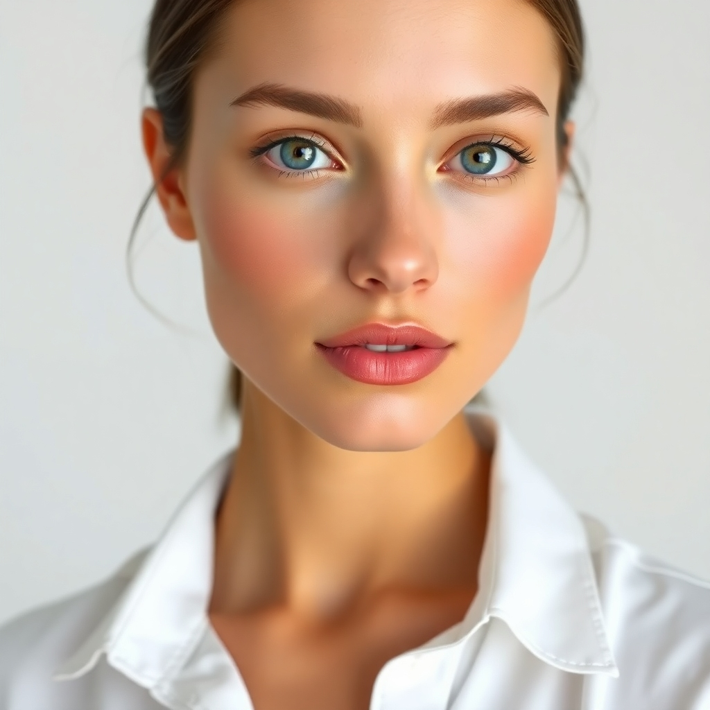 A photorealistic image, 8k resolution, showcasing a model with flawless airbrushed makeup. The lighting is soft and diffused, creating a naturally luminous complexion. The color palette is neutral and natural, emphasizing a healthy, radiant glow.  The camera angle is a medium shot, capturing the model from the shoulders up.  The texture of the skin is incredibly smooth and even, without any visible imperfections. The makeup is seamlessly blended, creating a natural look with a perfect finish. The model is wearing a simple, elegant outfit, such as a white shirt. The background is a clean, minimalist studio setting. The overall mood is one of sophistication and effortless beauty. The style references are the work of photographers known for their clean and natural beauty styles.  The image should convey the precision and perfection of airbrushing techniques. Fine details such as individual pores and the subtle nuances of the skin’s texture should be clearly visible.  The image should be hyperrealistic and ultra-detailed, showing the longevity and evenness of the airbrush application