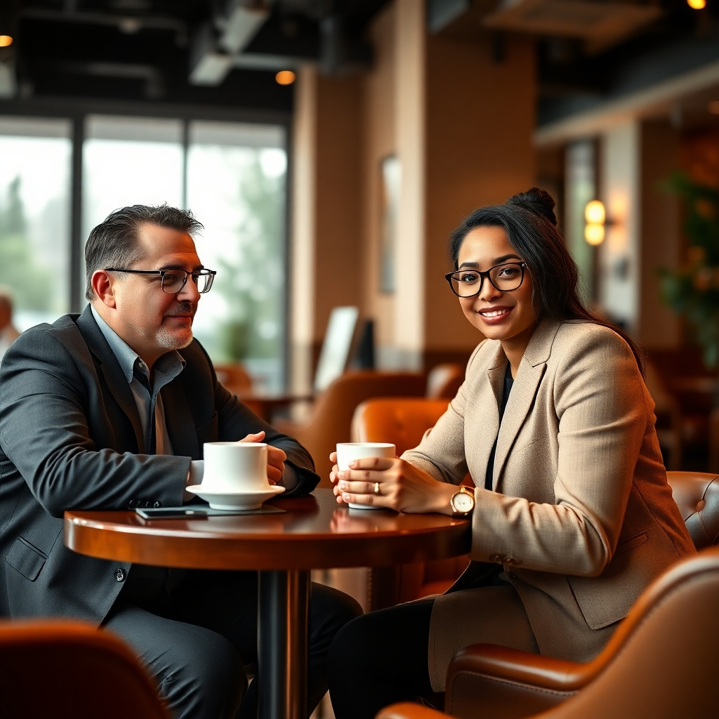A photorealistic image, captured with a shallow depth of field to emphasize the subject, depicting a business meeting between a marketing executive and a successful affiliate marketer. The setting is a modern, yet luxurious cafe with soft, warm lighting creating a friendly atmosphere. The color palette features earth tones such as warm browns, creams, and subtle greens. The camera angle is at eye level, creating an intimate connection between the individuals.  Visible are  high-quality coffee cups, stylish stationery, and laptops, all reflecting the professional setting. Textures of fine leather, smooth wood, and soft fabrics are prominent.  The image should emphasize trust and collaboration between the two key players, creating a sense of partnership. Style reference: Steve McCurry. The image should be rendered in 8K, ultra-detailed, with exceptional realism.
