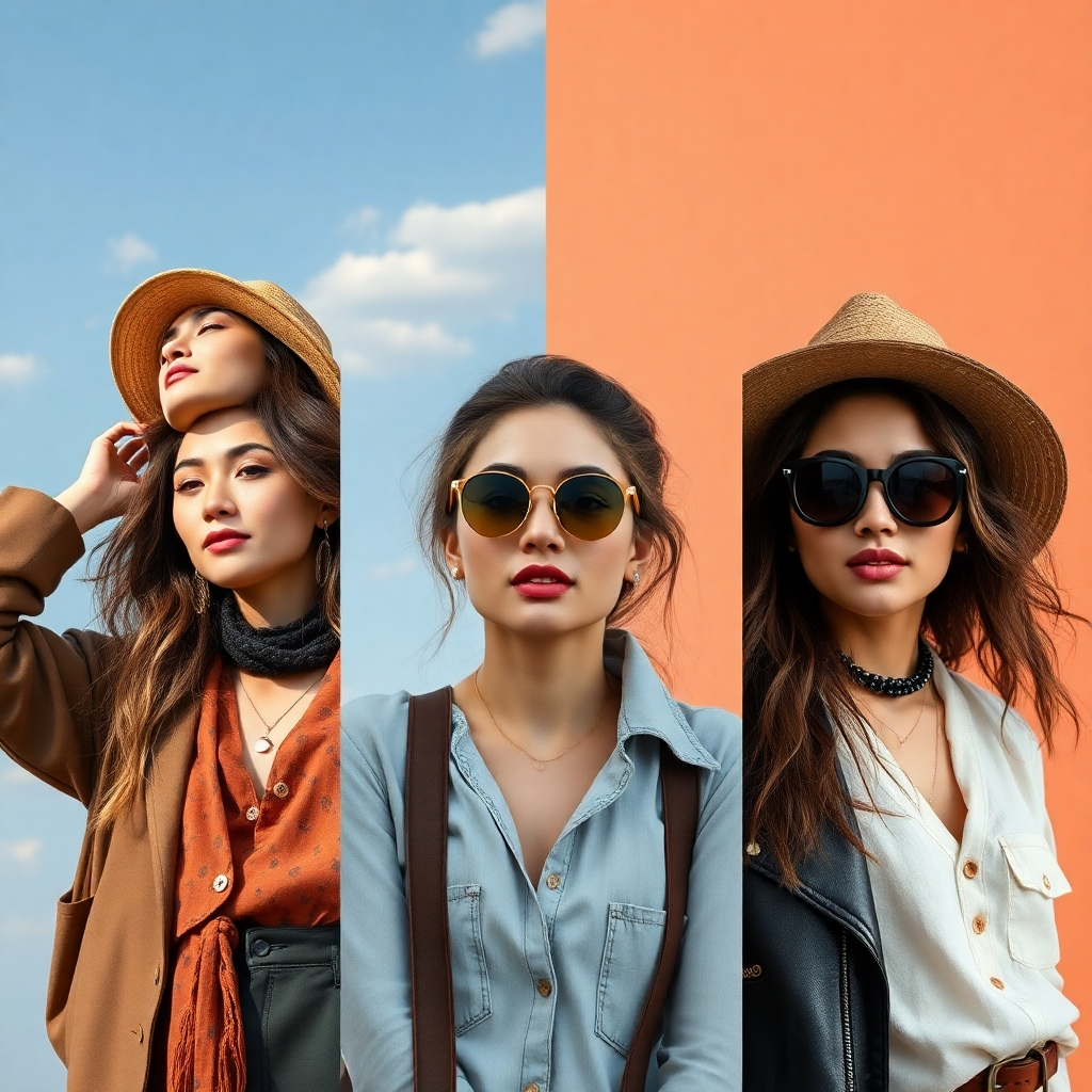 A photorealistic image collage showcasing a woman exploring four different fashion styles: bohemian, minimalist, classic, and edgy.  Each style should be distinctly different, with detailed clothing, accessories, and hairstyles reflecting the aesthetic.  The setting should be diverse, each section having a different background representing that style. The woman in the image should have an expression of exploration and self-discovery.
