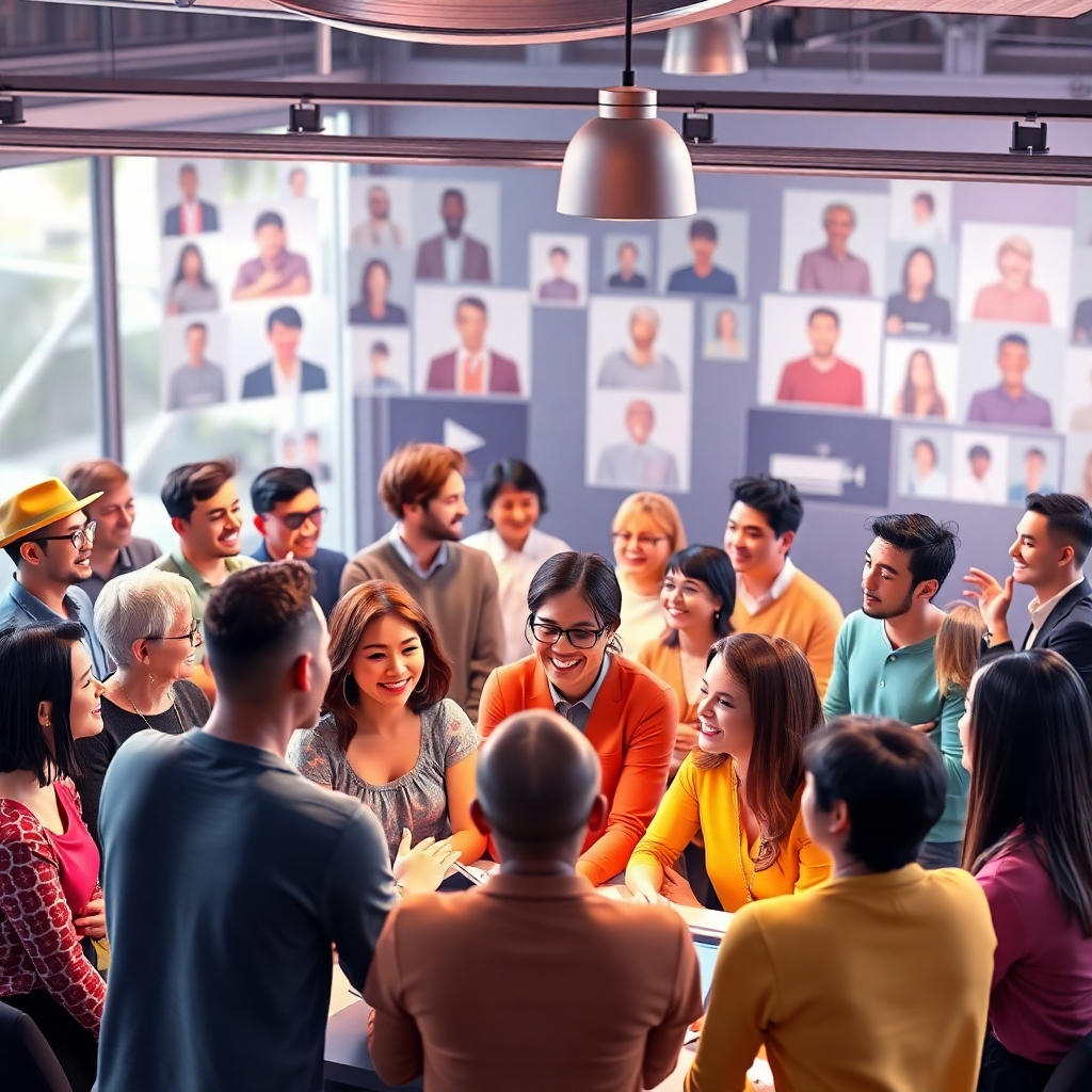 A photorealistic image depicting a vibrant online community forum. Show diverse avatars interacting, sharing ideas, and engaging in positive discussions. The overall tone should be friendly, collaborative, and inclusive, highlighting a sense of belonging. Use bright, cheerful colors.