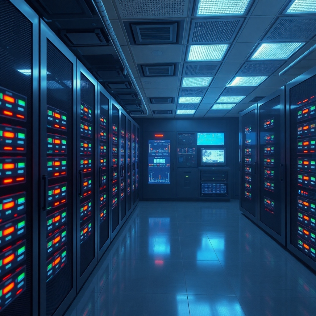 A photorealistic image depicting a highly secure server room with advanced security measures, such as biometric scanners, multiple layers of firewalls and advanced monitoring systems. The image should convey a sense of high-tech security and protection of valuable data.