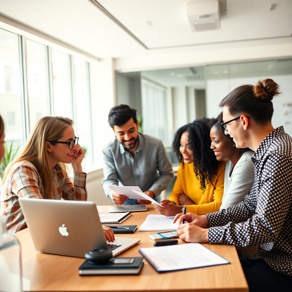 A photorealistic image depicting a UX designer collaboratively working with a diverse group of users, conducting user research through interviews and usability testing. The scene should be bright, modern, and feature diverse participants actively engaged in the process. Include laptops, notepads, and visual aids representing user feedback and design iterations. The overall mood should be positive and collaborative, emphasizing the importance of user-centric design.
