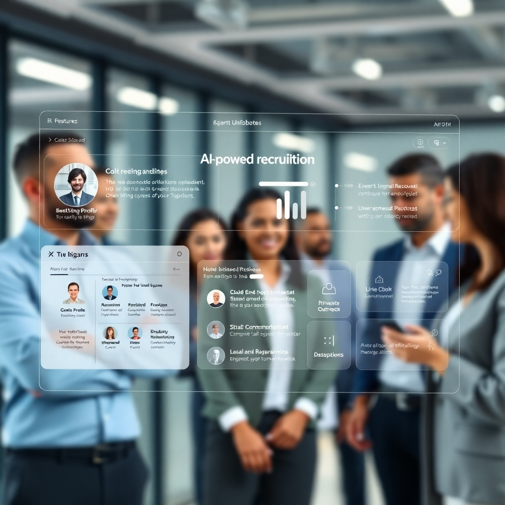 A photorealistic image depicting a modern, sleek interface of an AI-powered recruiting software.  The interface should showcase key features such as candidate profiles, skills matching, and automated outreach tools. The background should be a blurred image of a diverse group of professionals collaborating in a modern office setting. The overall aesthetic should be clean, professional, and technologically advanced.