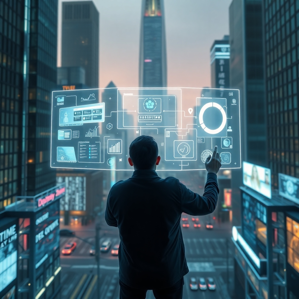A photorealistic image depicting a futuristic cityscape with holographic displays showing various dApps interfaces, emphasizing user interaction and seamless integration with smart devices.  The overall aesthetic should be clean, modern, and technologically advanced, highlighting a decentralized network architecture subtly in the background.