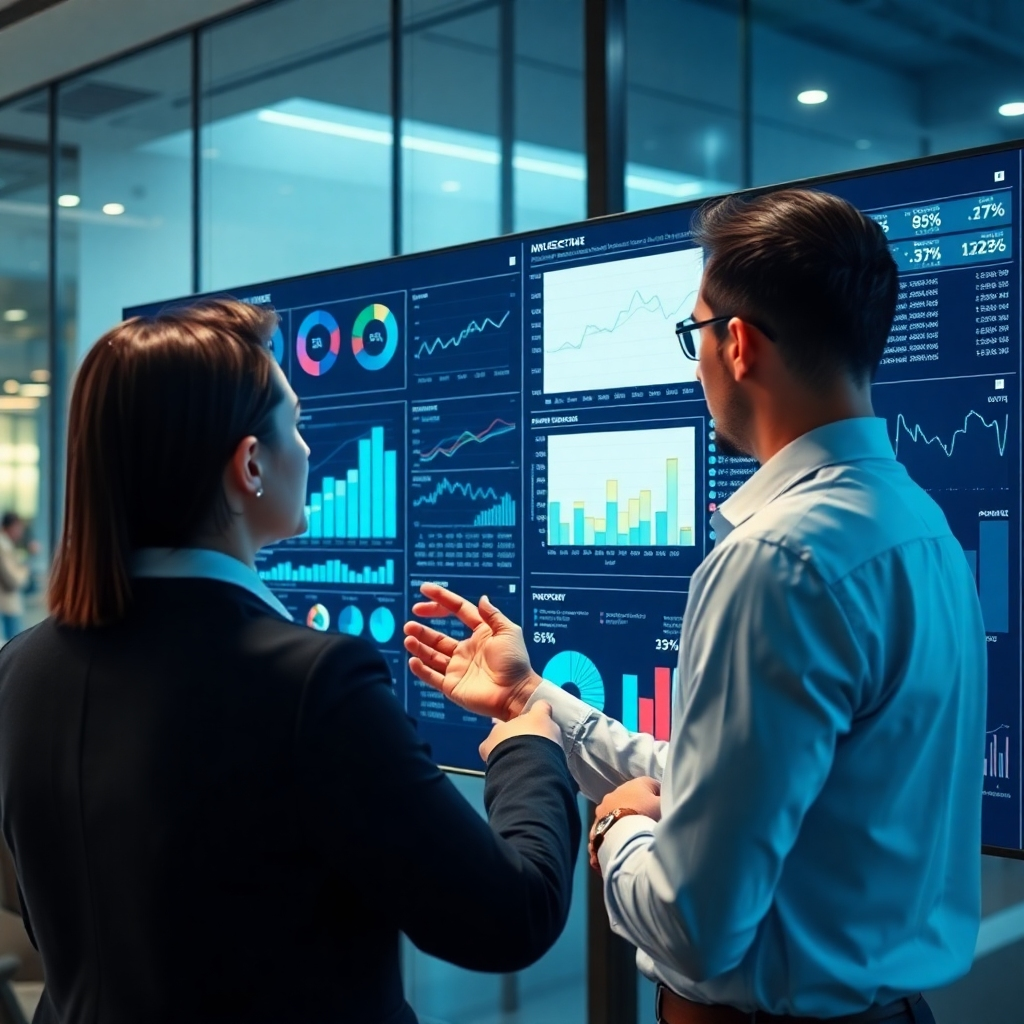 A photorealistic image depicting a business professional reviewing data visualizations on a large interactive screen. The screen displays complex data in an easily understandable format, such as charts, graphs, and key performance indicators (KPIs).  The background should subtly showcase a modern and innovative business environment. The overall mood should be one of confidence and informed decision-making.