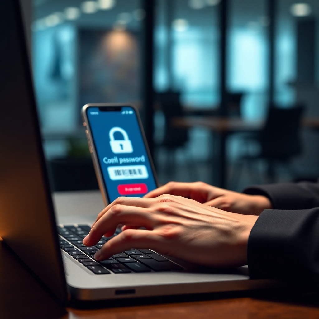 A photorealistic image depicting a person typing a complex password on a laptop, with a smartphone displaying a multi-factor authentication code in the background. The background should be a blurred image of a modern office. The overall mood should be one of security and protection.