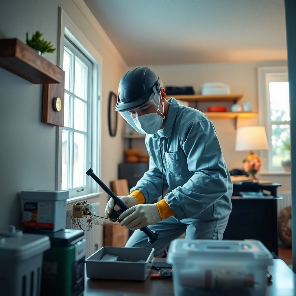 A photorealistic image depicting a pest control technician using non-toxic, environmentally friendly methods such as traps or bait stations to control pests inside a home. The image should highlight the safety and eco-friendliness of the approach, showcasing a clean, organized workspace. High-detail, 8k resolution, sharp focus, realistic lighting, and natural colors are essential.