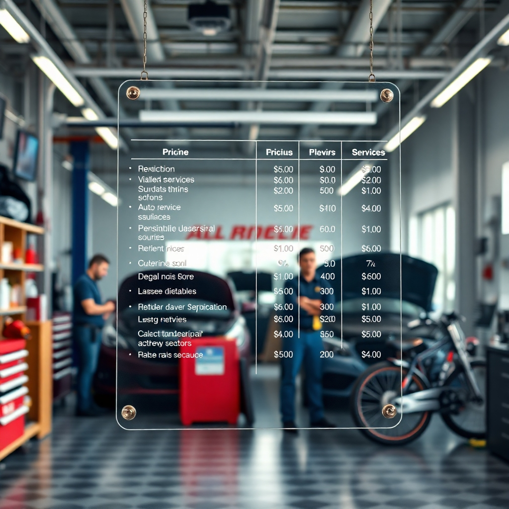 A photorealistic image depicting a transparent pricing chart or board in a clean, welcoming auto repair shop.  The chart should clearly display various services and their corresponding prices, with friendly staff visible in the background, creating a sense of trust and openness.