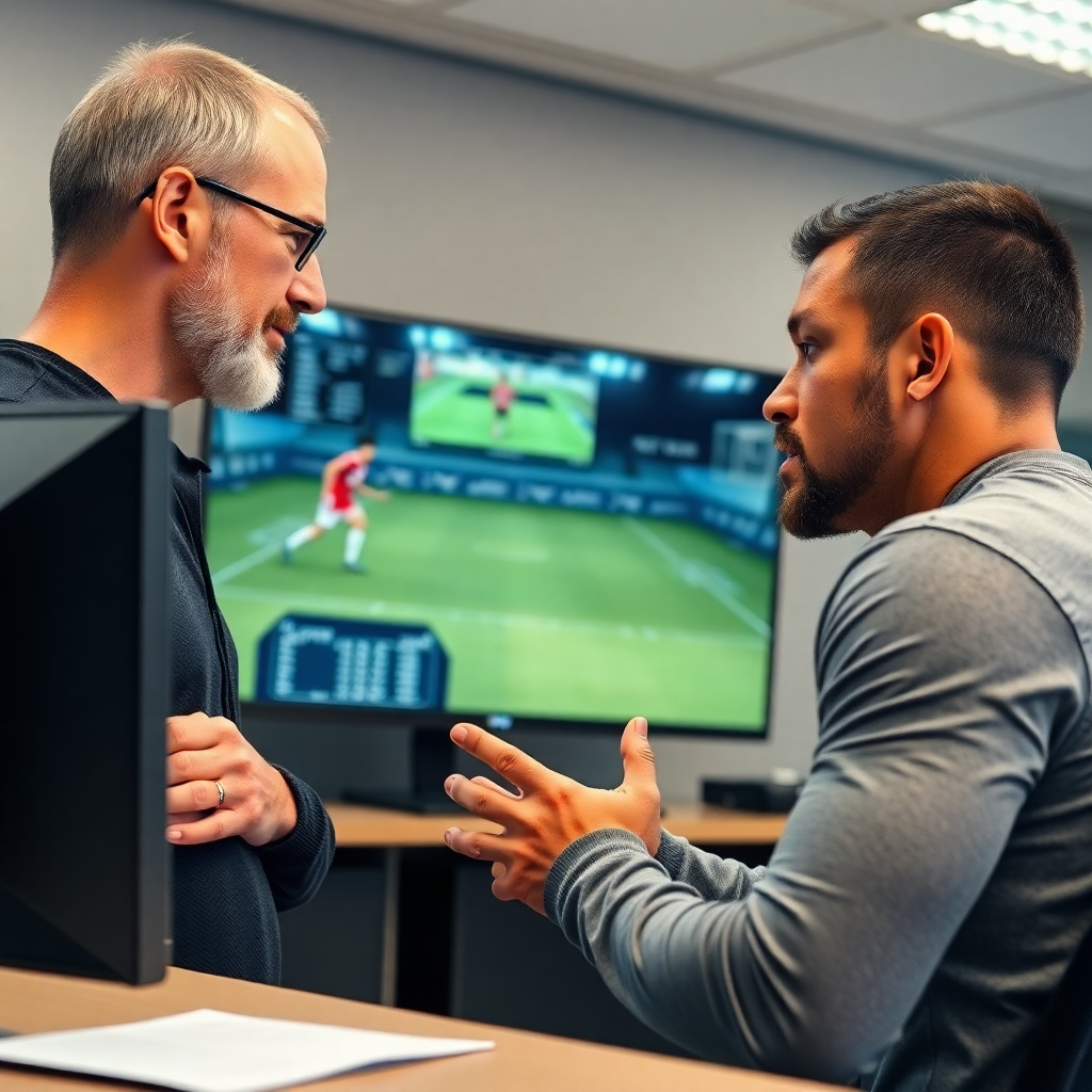 A photorealistic image depicting a coach and athlete collaboratively reviewing slow-motion video analysis of a sports performance on a large monitor. The background should be a professional sports analysis room. The image must highlight the details on the screen, the focused expressions of both the athlete and the coach, and the overall professional setting. The image should convey a feeling of collaboration and focused improvement. High definition, sharp focus, and warm lighting are important.