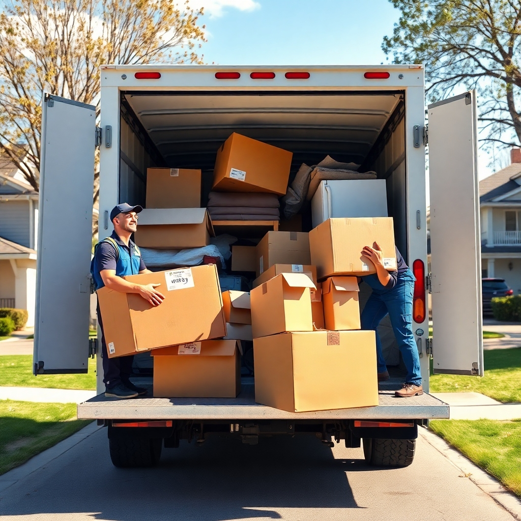 A photorealistic image depicting a team of two friendly, uniformed junk removal specialists efficiently loading various items (furniture, boxes, appliances) into a clean, branded junk removal truck. The background should be a residential suburban neighborhood, sunny day, with a focus on speed and efficiency. The truck should be nearly full, implying a large amount of junk has been removed quickly. The image should evoke a sense of swift and professional service.