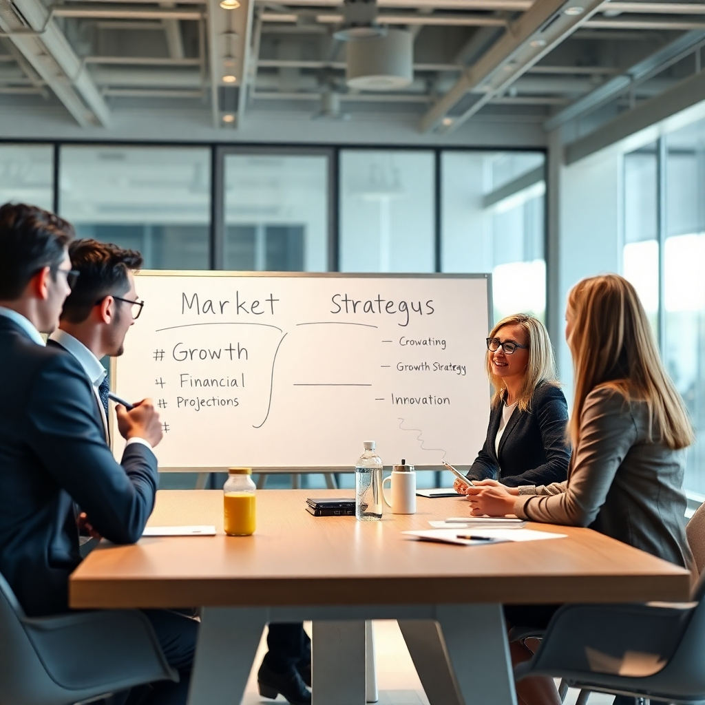 A photorealistic image depicting a diverse team of business consultants collaborating around a large table, using a whiteboard to brainstorm strategies. The whiteboard shows key phrases like 'Market Analysis', 'Growth Strategy', 'Financial Projections', and 'Innovation'. The scene should be bright, modern, and convey a sense of collaboration and forward thinking. The image should have a shallow depth of field, focusing on the team and the whiteboard, with a blurred background of a modern office.