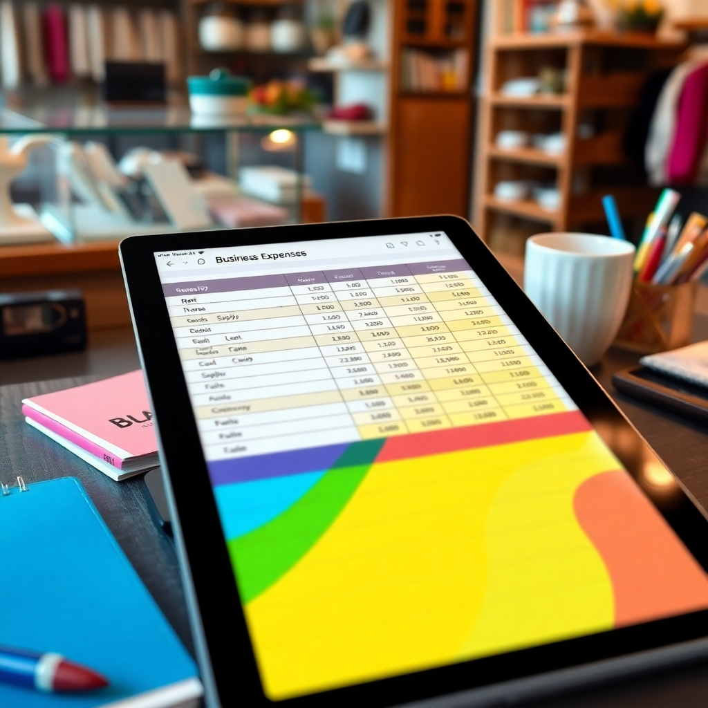 A photorealistic image depicting a well-organized spreadsheet on a tablet, with color-coded categories for various business expenses (rent, supplies, marketing, etc.). The tablet should rest on a desk with other office supplies, emphasizing neatness and organization. The background should subtly include a small business environment, such as a retail shop or a coffee shop.