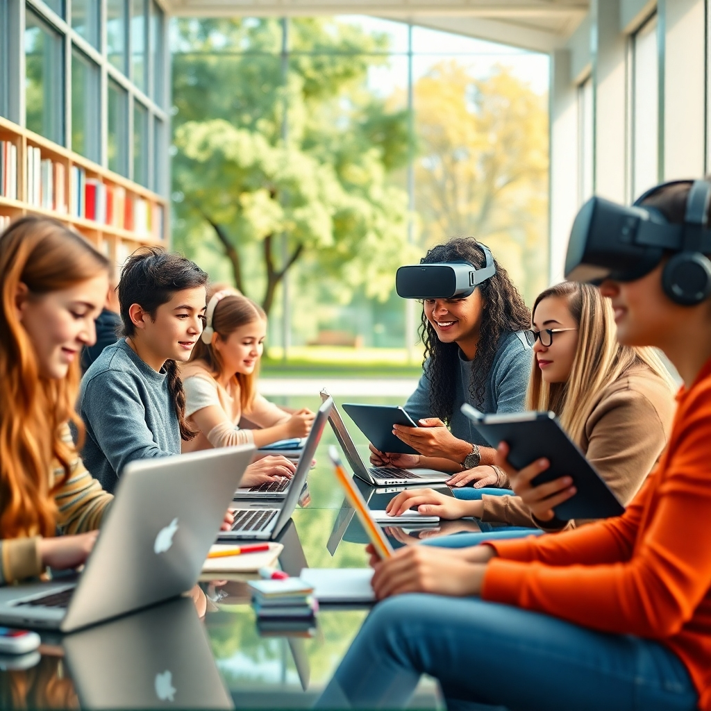 A photorealistic image depicting a diverse group of students of different ages and backgrounds, some using laptops in a modern, brightly lit library, others using tablets outdoors in a park, and some wearing VR headsets at home, all engaging with educational content. Emphasize a feeling of inclusivity and individual learning styles.