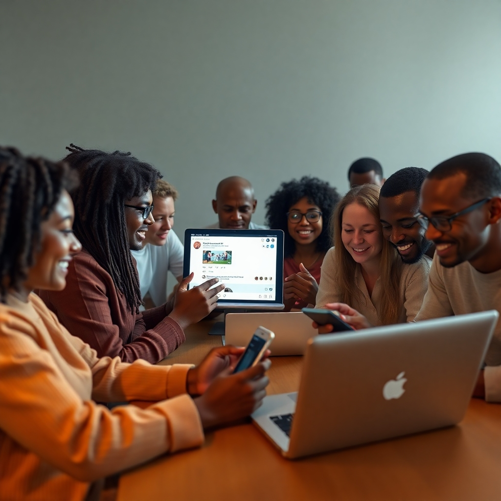 A photorealistic image depicting a group of diverse people, of different ages and ethnicities, actively engaging with a brand's social media page on their laptops and phones.  Show lively comments, reactions, and shares, creating a sense of community and active discussion. The brand logo should be subtly integrated.