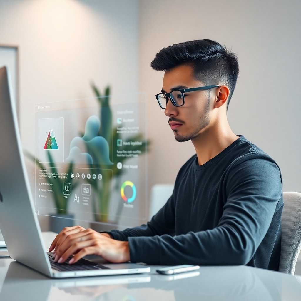 A photorealistic image depicting a clean, modern workspace with a designer using a holographic interface powered by AI to create a sleek website layout.  The AI interface should display intuitive design tools and options, and the overall aesthetic should be futuristic and technologically advanced. The lighting should be soft and natural, highlighting the details of the interface and the designer's focused expression. The background should be subtly blurred to emphasize the interface.
