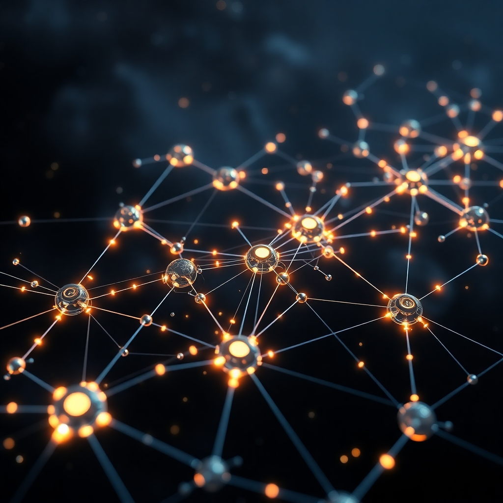 A photorealistic image depicting a complex network of interconnected nodes forming a blockchain, with glowing data streams flowing between them, all rendered in a futuristic, high-tech style.  The background should be a dark, abstract nebula, highlighting the decentralized nature. The overall mood should be one of secure, yet dynamic technological innovation.