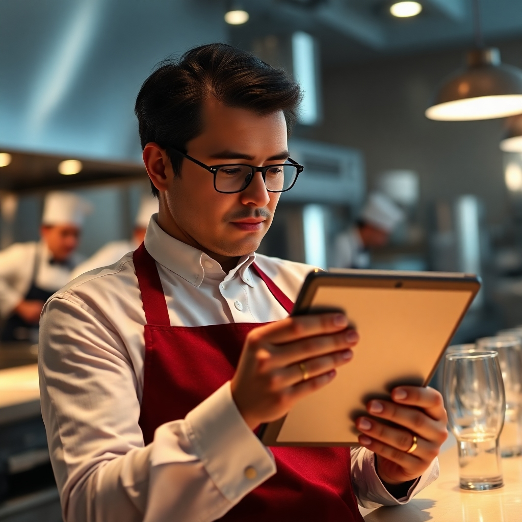 A photorealistic image depicting a restaurant manager attentively reading customer feedback on a tablet. The background should subtly show a restaurant kitchen scene with chefs working diligently, suggesting immediate action. The overall mood should convey professionalism and a proactive approach to improvement. High-resolution, soft lighting.