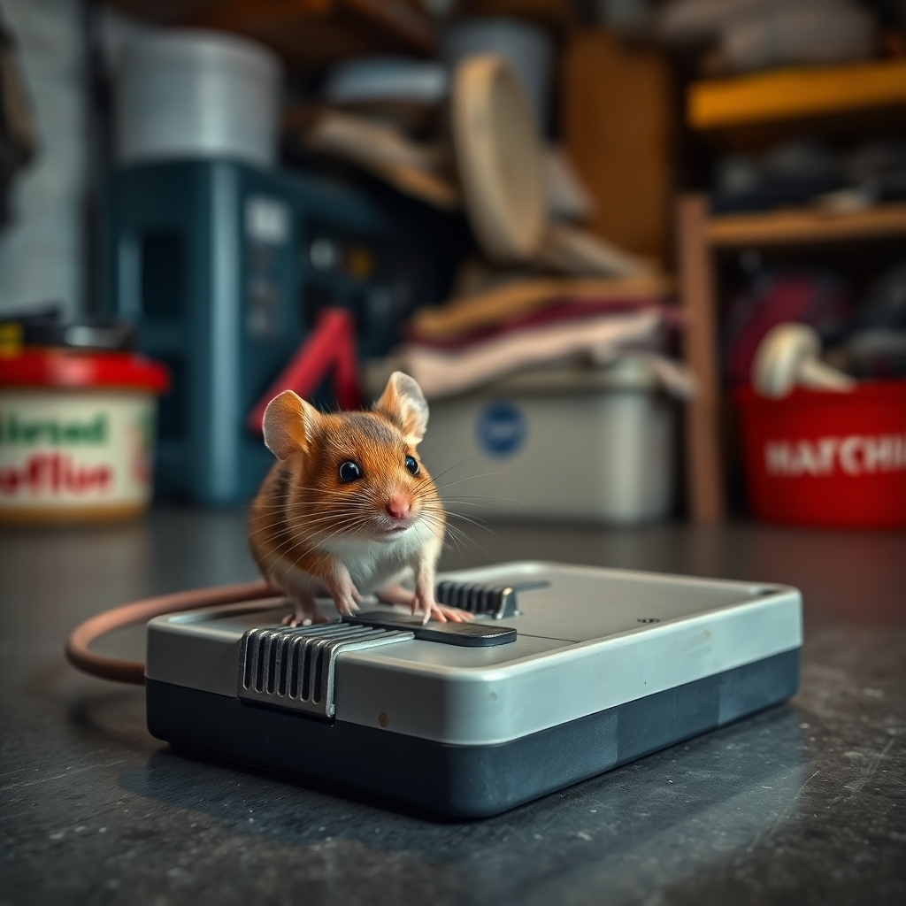 A photorealistic image depicting a mouse trap with a captured mouse in a realistic residential setting, such as a garage or basement. The image should highlight the details of the trap and the mouse, including fur texture and trap mechanism.  The background should be slightly cluttered, suggesting a potential area for rodent activity.  The lighting should be clear and even, providing sharp detail. The image should be slightly dramatic, suggesting the effectiveness of pest control methods.