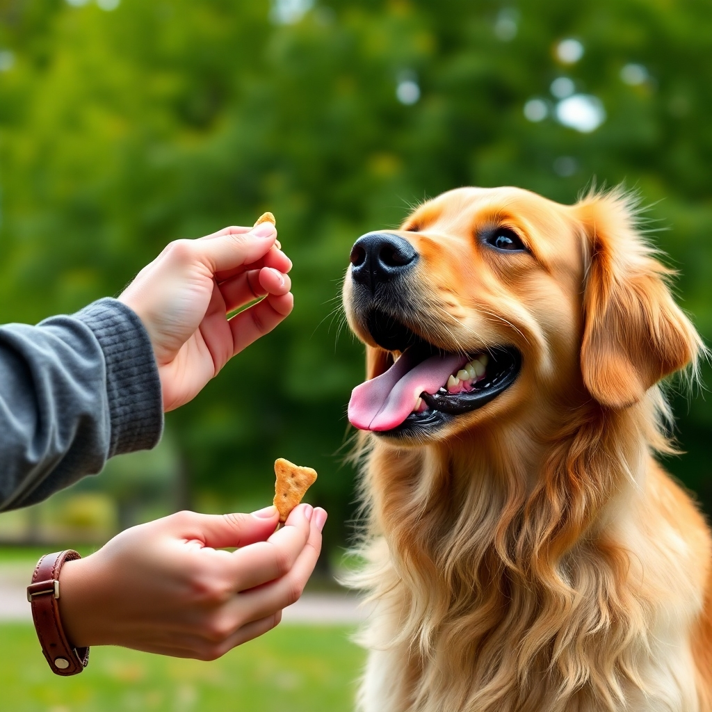 A photorealistic image depicting a happy golden retriever excitedly receiving a treat from its owner's hand after successfully completing a command, like 'sit'. The setting should be outdoors, in a park, with lush greenery in the background.  The image should capture the joy and excitement on both the dog and owner's faces, highlighting the positive reinforcement aspect.