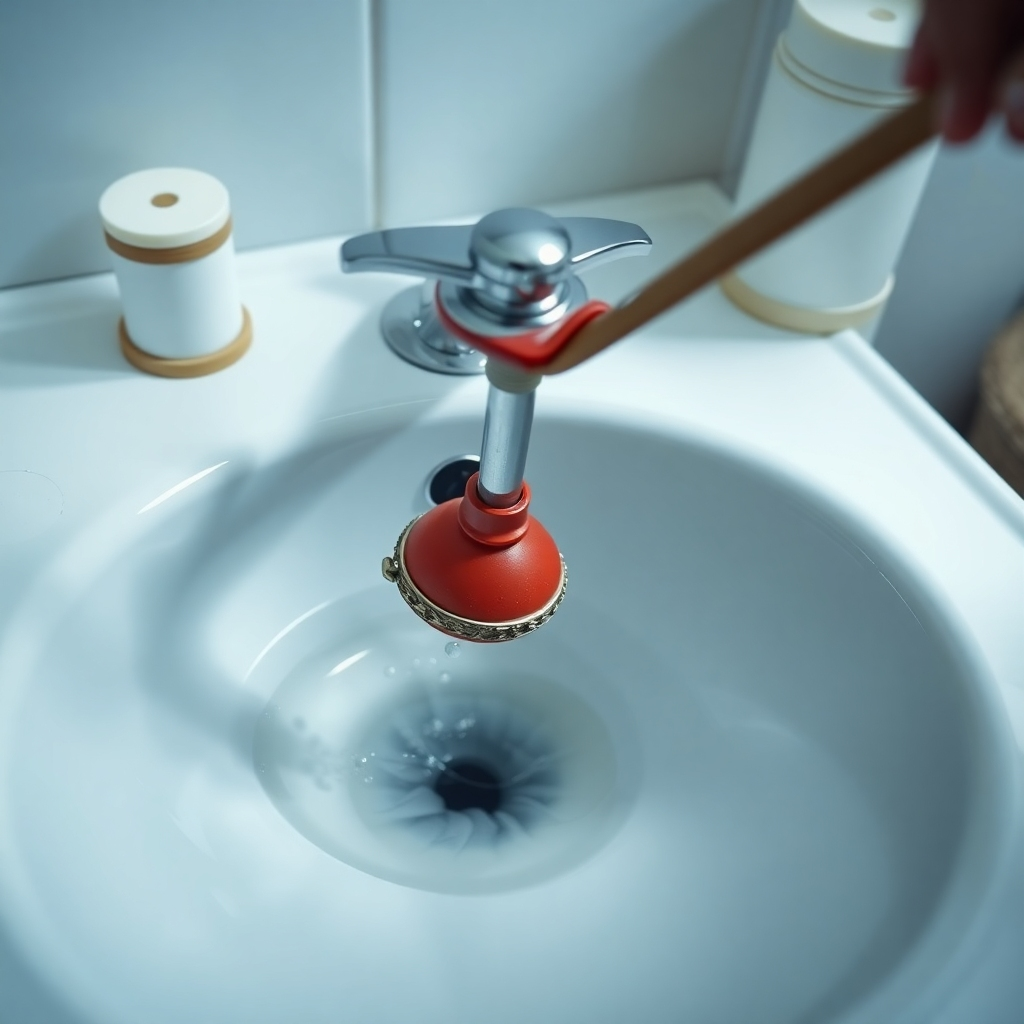 A photorealistic image depicting a plunger being used to unclog a bathroom sink drain. The image should focus on the action of plunging, showing water swirling in the sink.  The sink should be a classic white porcelain style, and the scene should have a slightly dramatic lighting to emphasize the problem and the solution. The background should be a blurry bathroom setting.