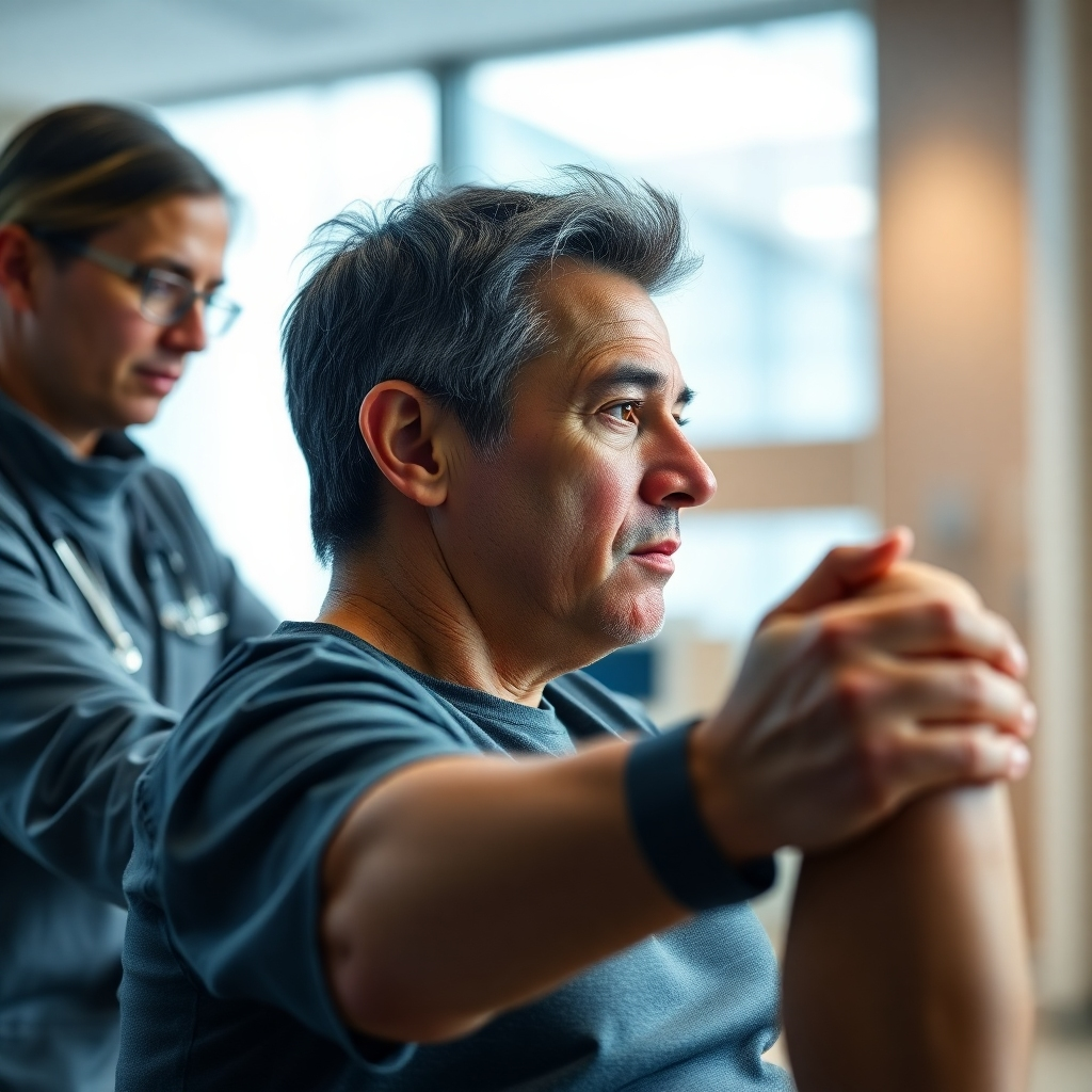 A photorealistic image depicting a patient undergoing physiotherapy rehabilitation exercises for a knee injury. The scene should take place in a modern, brightly lit physiotherapy clinic. The patient should be actively engaged with the physiotherapist, who is providing guidance and support.  Focus on the patient's determined expression and the precise movements involved. High detail, sharp focus, realistic lighting and textures.