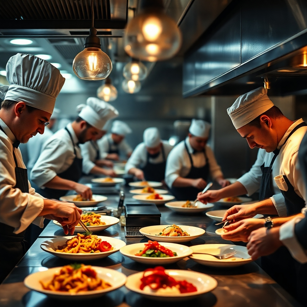 A photorealistic image depicting the controlled chaos of a busy restaurant kitchen during peak service hours. Multiple chefs work in a coordinated manner, preparing and plating dishes efficiently. The scene should be energetic and dynamic but still retain a sense of order and control.  The image should highlight the teamwork and intense focus required during service, with a slightly blurred background to emphasize the action in the foreground. The lighting should be dramatic, reflecting the heat and intensity of the kitchen.