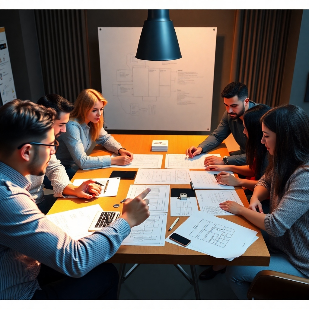 A photorealistic image depicting a UX/UI design team collaborating around a table. They should be actively engaged in a brainstorming session, surrounded by sketches, wireframes, and user research data. The image should convey a collaborative and user-centric atmosphere, emphasizing teamwork and problem-solving.