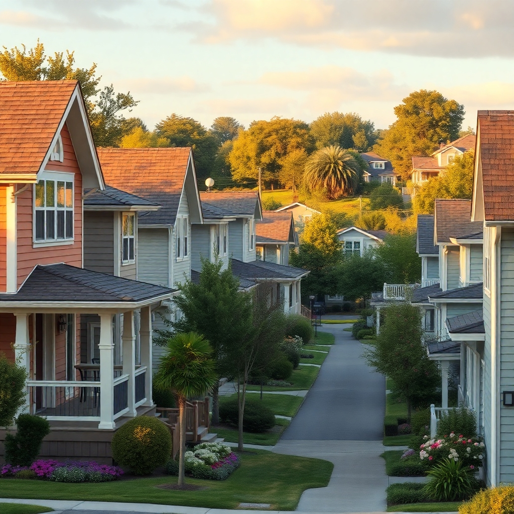 A photorealistic image depicting a mature, established neighborhood with well-maintained homes, suggesting long-term growth and stability.  The image should include elements suggesting a sense of community and longevity, possibly families and green spaces. The overall mood should convey calm, security, and growth.