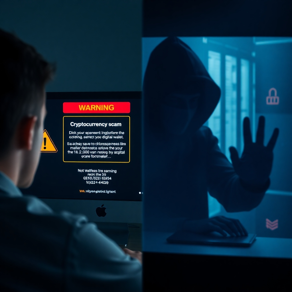 A photorealistic image depicting a split screen. One side shows a person looking concerned at a computer screen displaying a warning message about a cryptocurrency scam. The other side shows a dark, shadowy figure representing a hacker, attempting to access a digital wallet. The overall mood should be one of caution and apprehension.