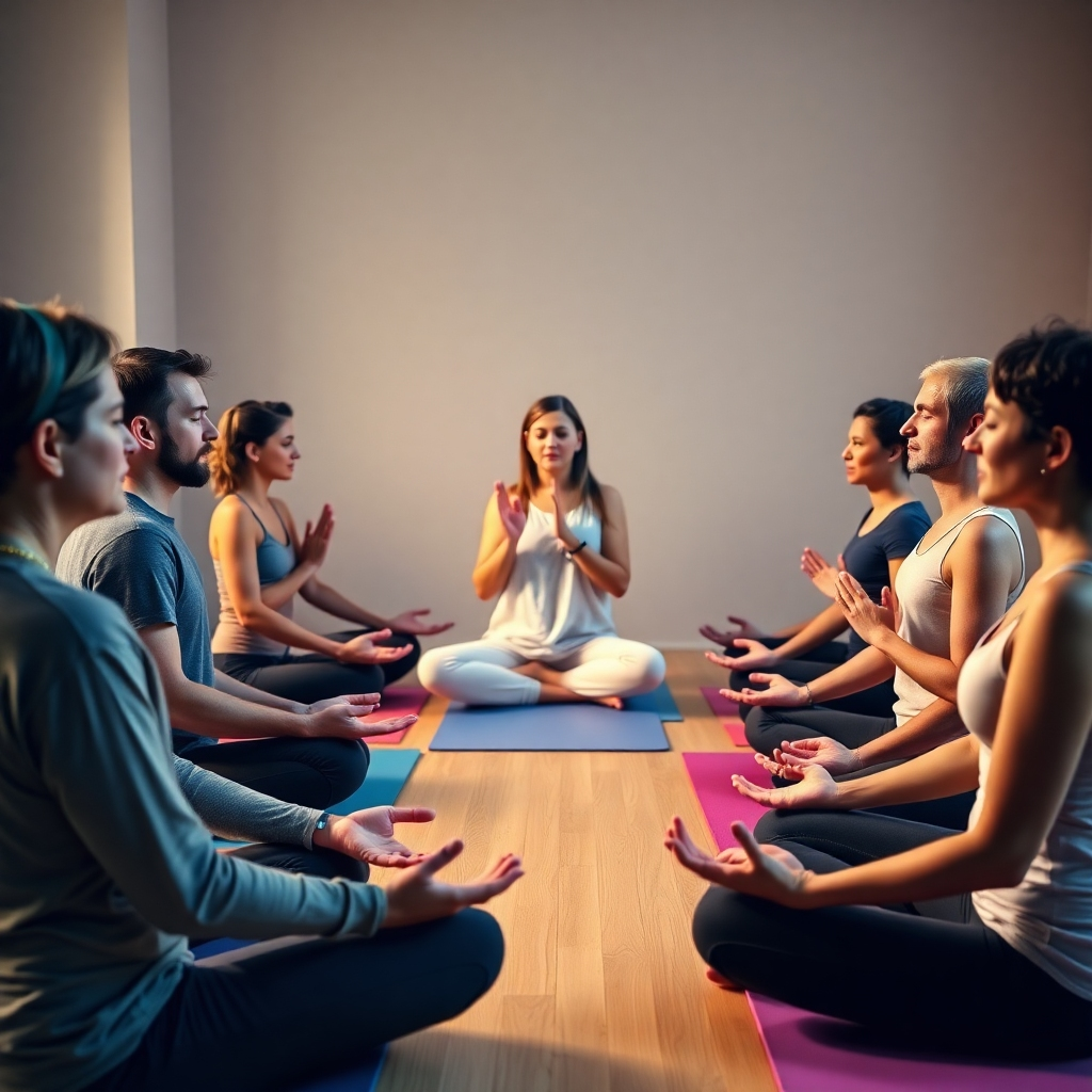 A photorealistic image depicting a diverse group of people – beginners and advanced practitioners – seated comfortably in a circle during a yoga class. They all have their eyes gently closed, focusing on their breath. The instructor is guiding them, using calm and clear hand gestures. The setting is a peaceful room with soft, warm lighting, creating a sense of serenity and unity.