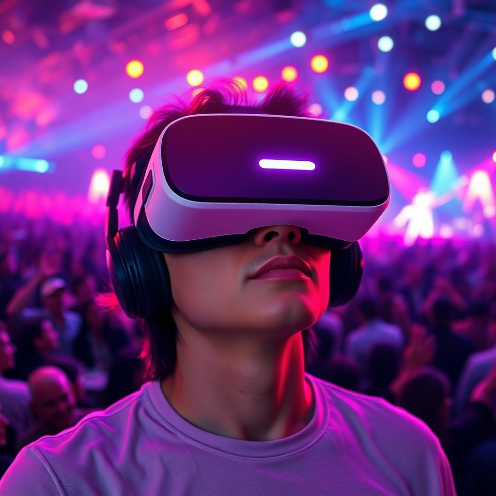 A photorealistic image depicting a person wearing a VR headset, immersed in a vibrant and detailed virtual concert. The virtual environment should showcase realistic lighting, a large crowd, and a performing artist. Focus on the person's expression and the immersive quality of the VR experience. High detail, sharp focus, vibrant colors