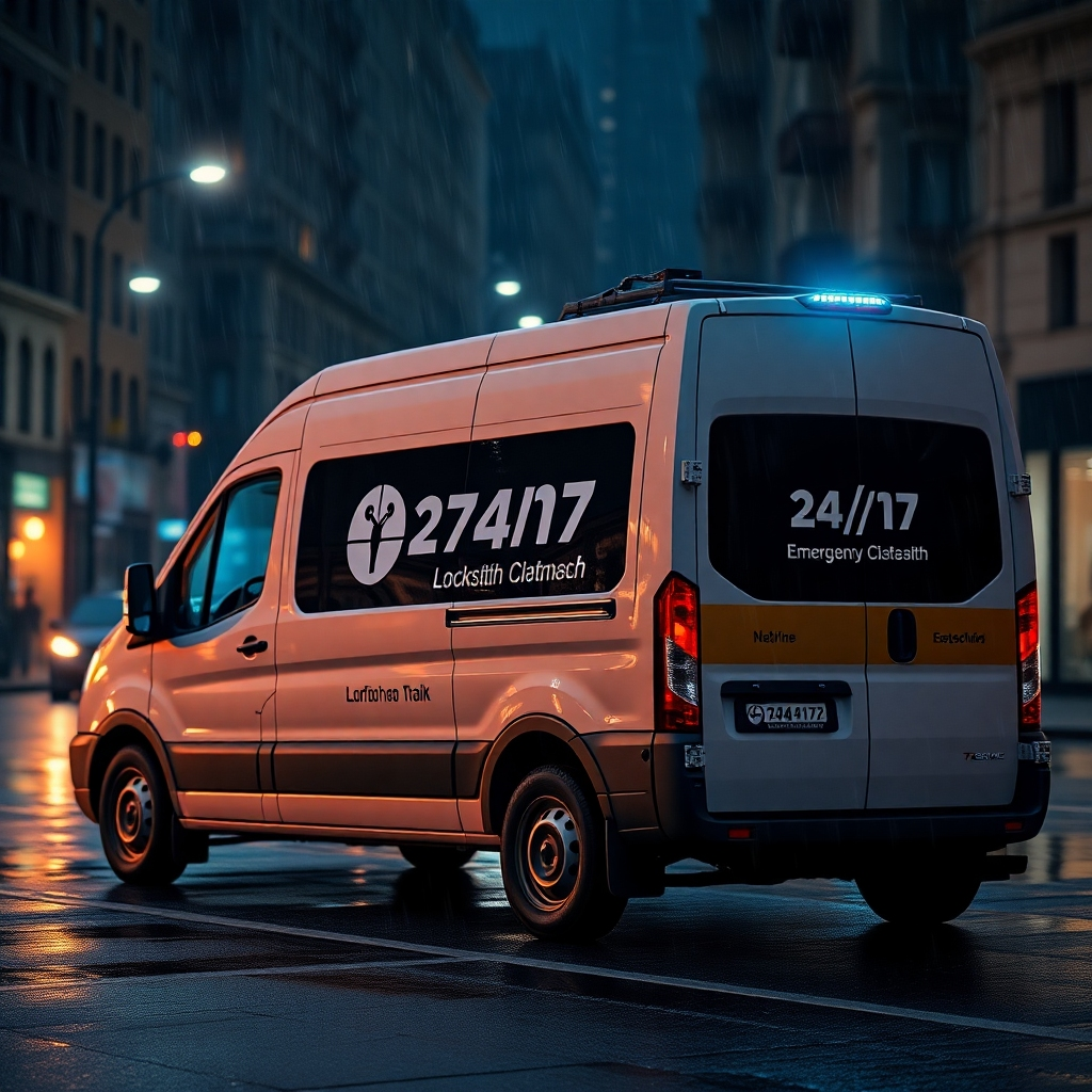 A photorealistic image depicting a locksmith's van parked on a city street at night, with the logo of a 24/7 emergency locksmith service clearly visible. The van's interior is subtly illuminated, suggesting readiness for immediate dispatch. Rain is gently falling, emphasizing the all-weather nature of the service.