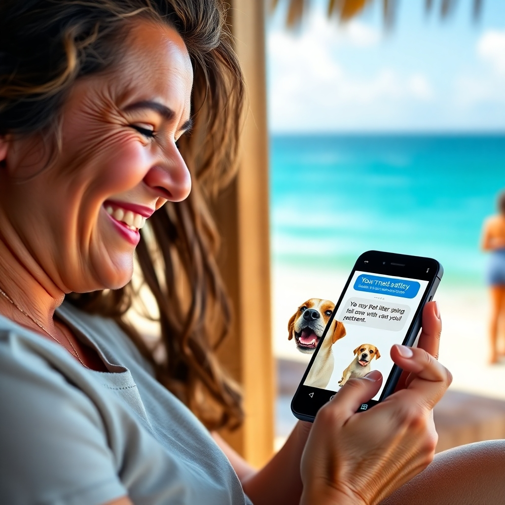 A photorealistic image depicting a pet owner on their phone, smiling reassuringly as they receive a text message from their pet sitter. The message shows a picture of their pet looking happy and content. The background includes a serene vacation scene, suggesting the owner is away.