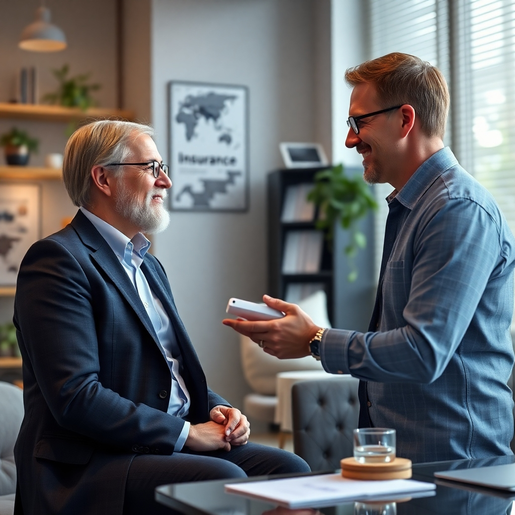 A photorealistic image depicting a friendly insurance broker having a face-to-face meeting with a client, attentively listening and offering advice. The setting should be a comfortable and welcoming office space. The image should portray a sense of trust and mutual understanding.