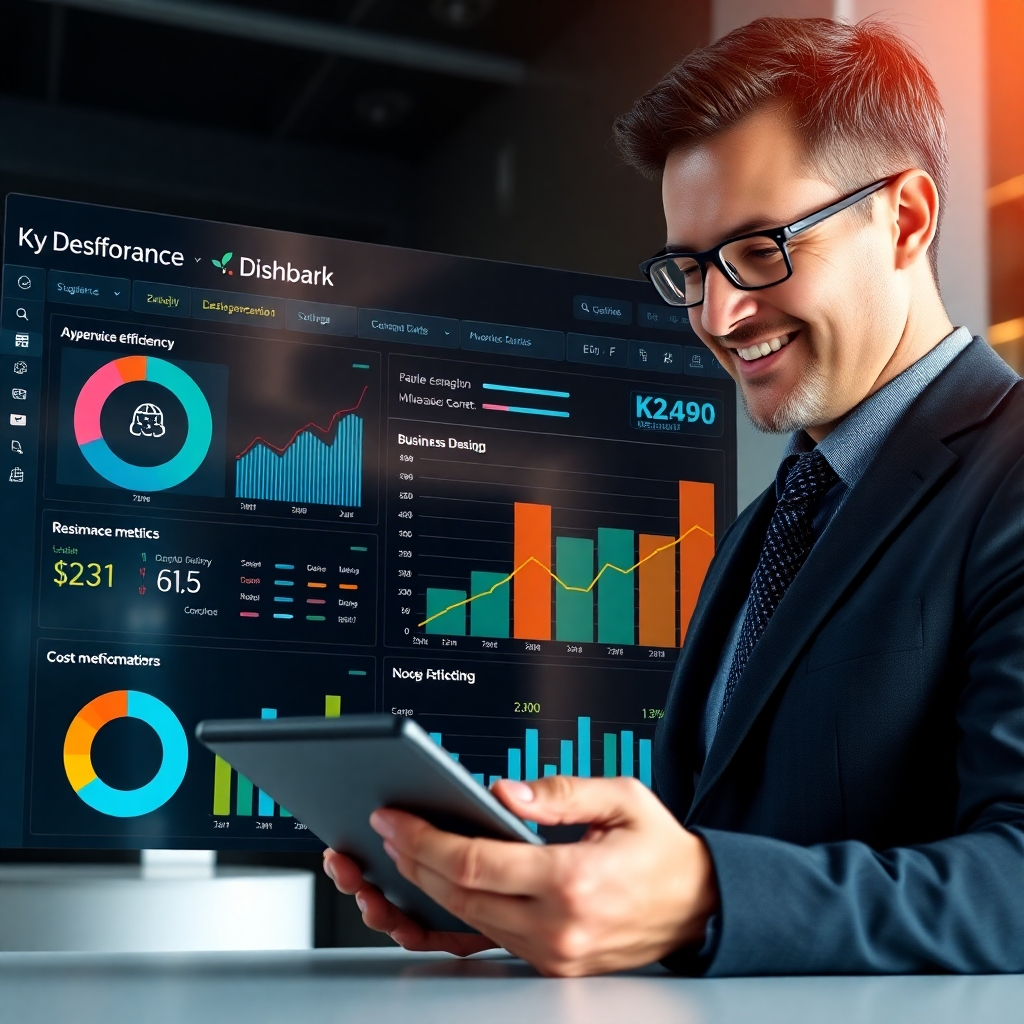A photorealistic image depicting a clean, organized digital dashboard displaying key performance indicators (KPIs) related to business efficiency and cost reduction.  The dashboard should be user-friendly, visually appealing, and show a significant improvement in metrics over time.  The background can subtly show a satisfied business professional looking at the data on a tablet.