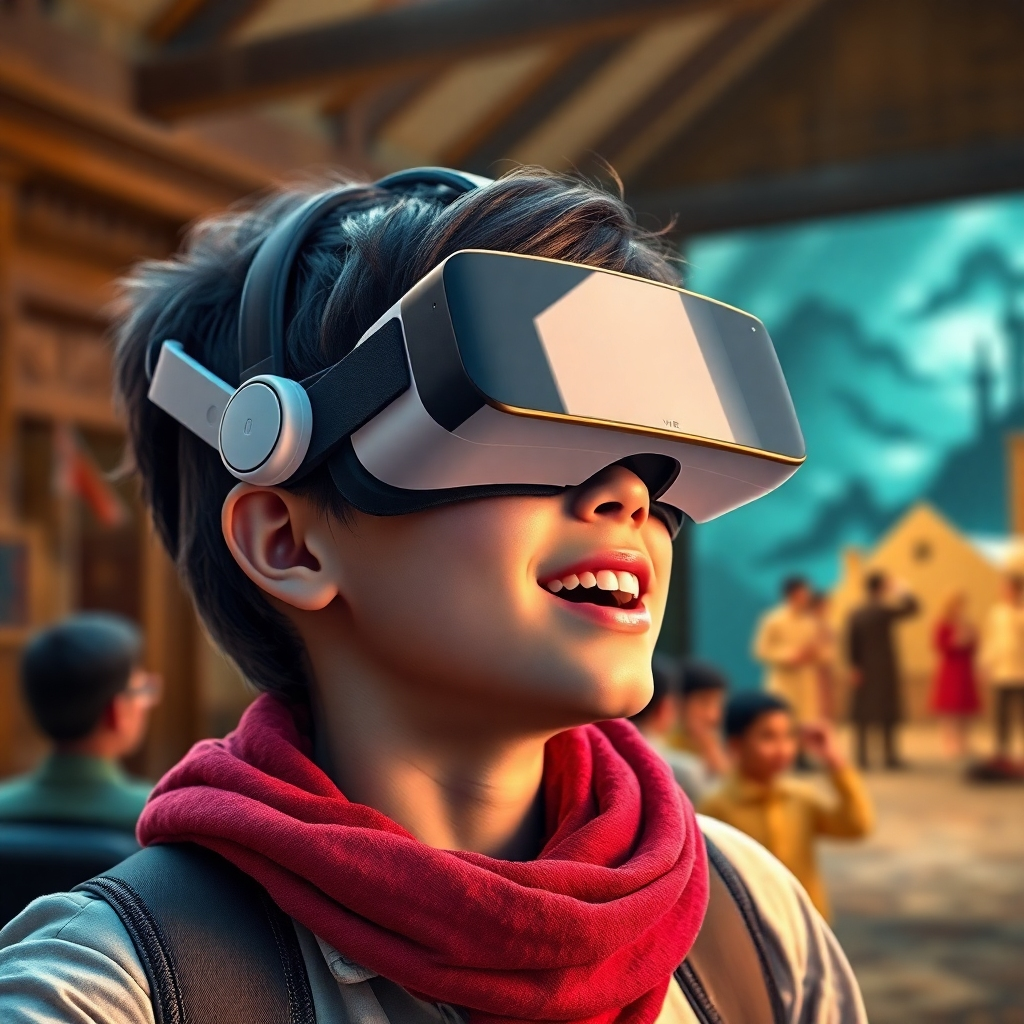 A photorealistic image depicting a student wearing VR glasses, fully immersed in an interactive virtual environment that is teaching a historical event. The scene should show detailed historical reconstruction and be lively and colorful, contrasting with the traditional textbook learning. The student's expression should showcase excitement and engagement.